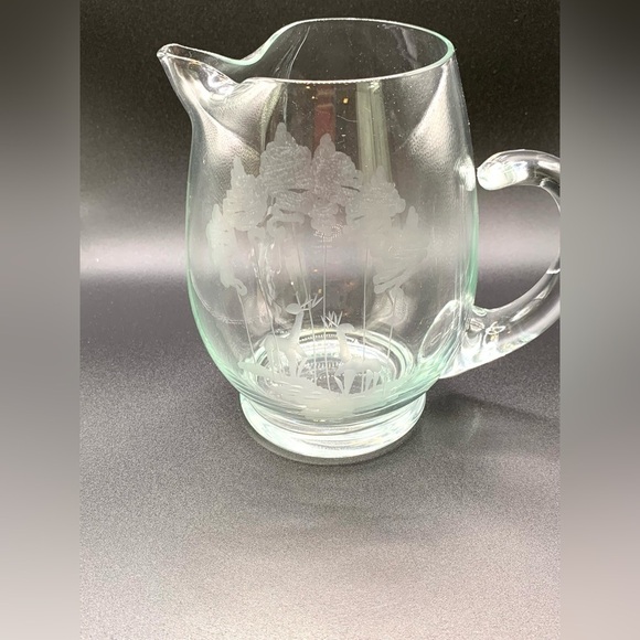 Vintage Etched Deer Forest Scene Glass Pitcher 6" - Picture 1 of 9